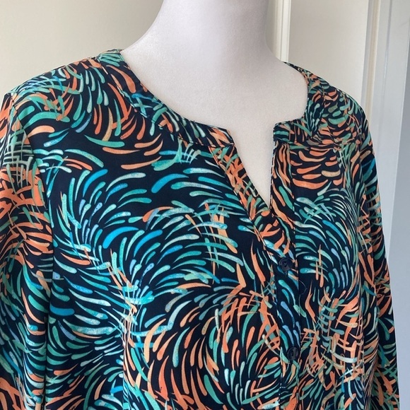 Catherines petite 14 16 0XWP button down 3/4 sleeves blue green orange - Picture 3 of 11